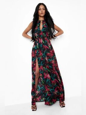Boohoo Tall Tropical Floral Maxi Dress Cutout Halter Double Slit Size US 8 NWT